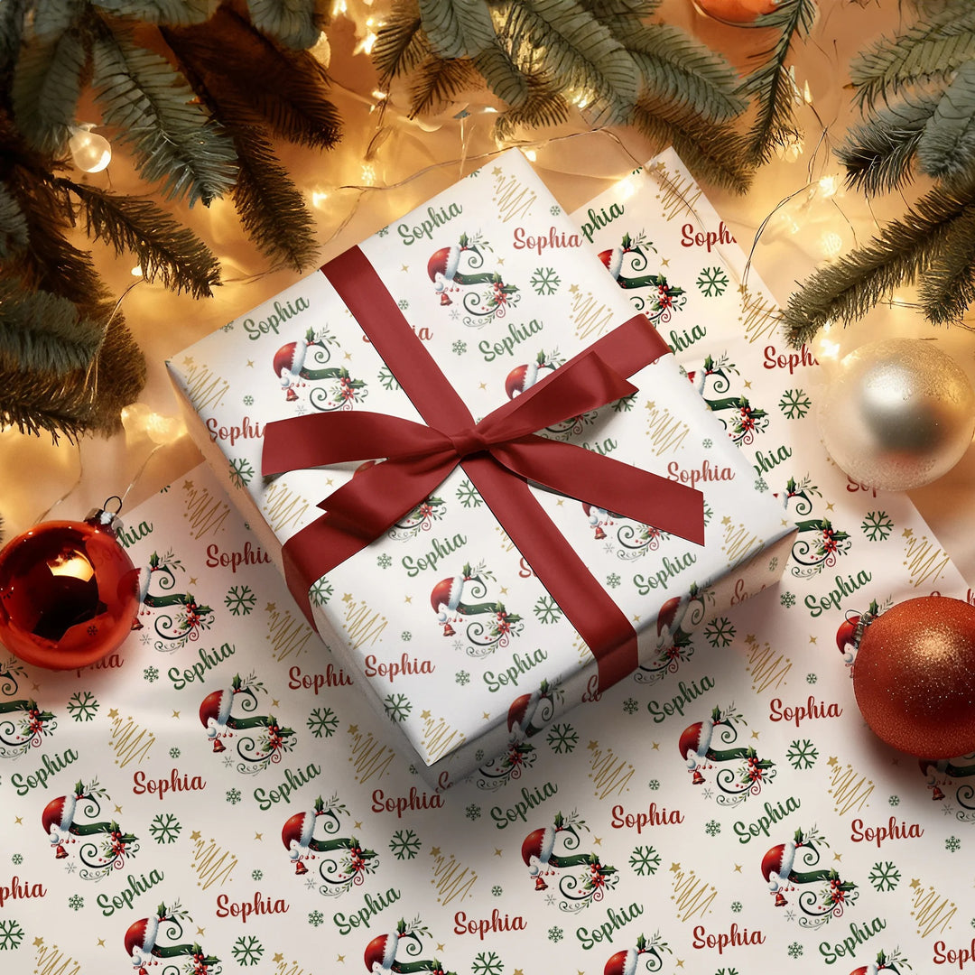 Papier d'emballage personnalisé avec initiales de Noël et nom, cadeau de Noël pour la famille et les amis