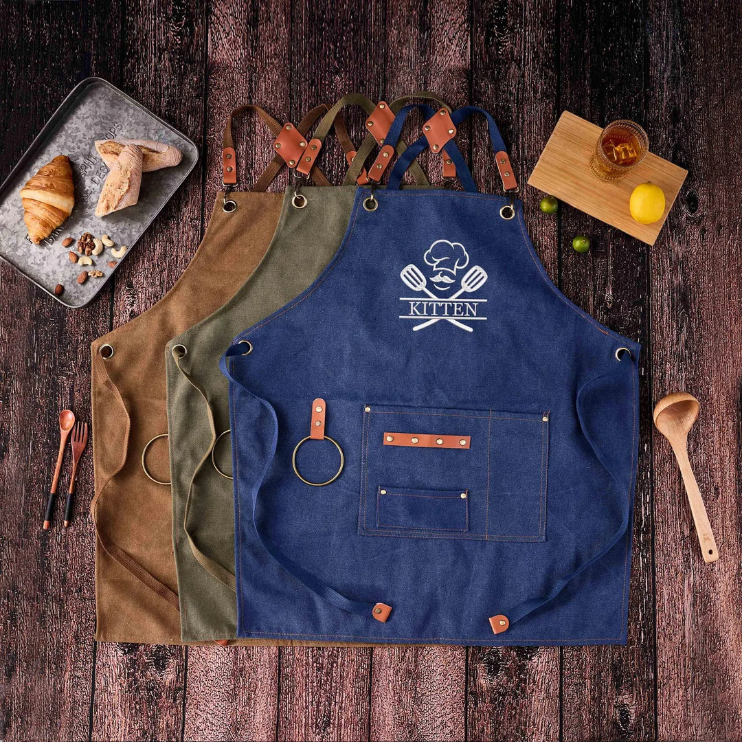 Tablier de barbecue personnalisé en toile cirée pour les papas, avec motif brodé