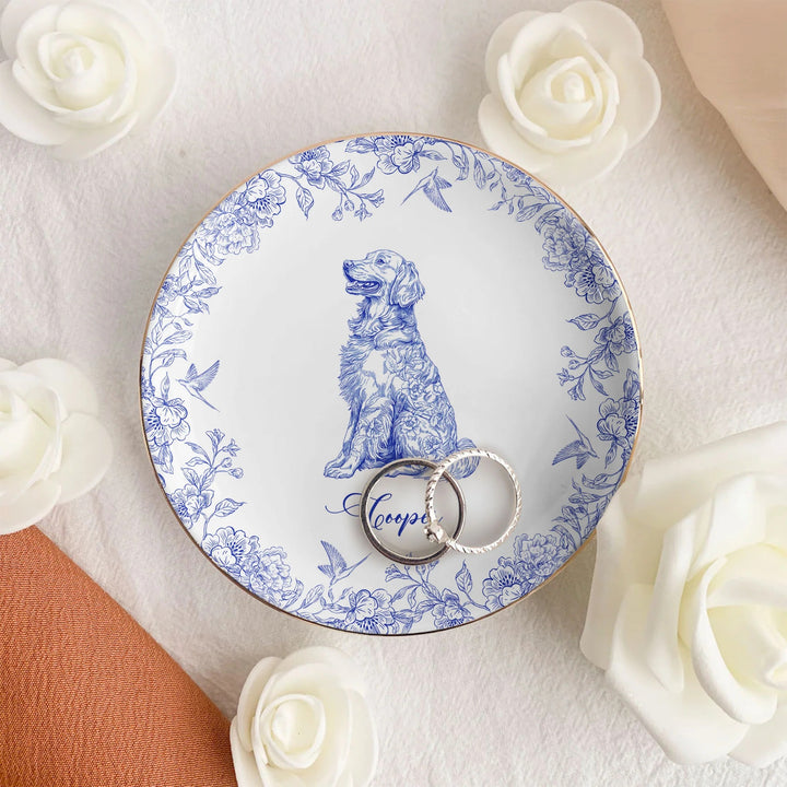 Cadeau pour amoureux des chiens, style chinoiserie toile de Jouy - Coupelle à bijoux personnalisée