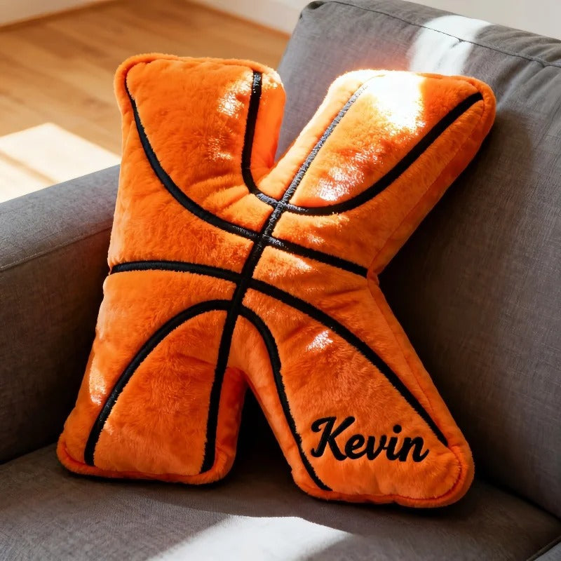 Coussin personnalisé en forme de lettre de basket-ball brodée en 3D avec nom personnalisé