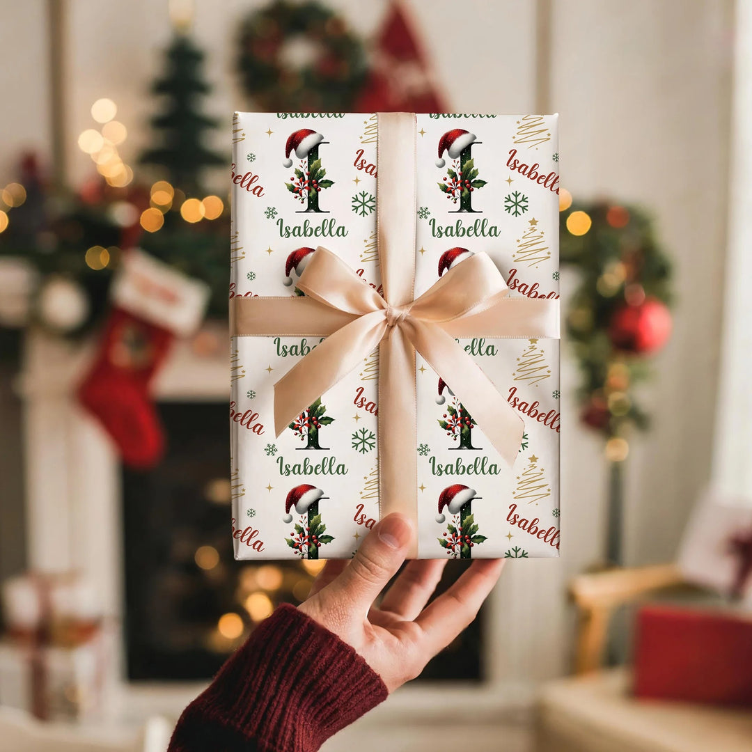 Papier d'emballage personnalisé avec initiales de Noël et nom, cadeau de Noël pour la famille et les amis