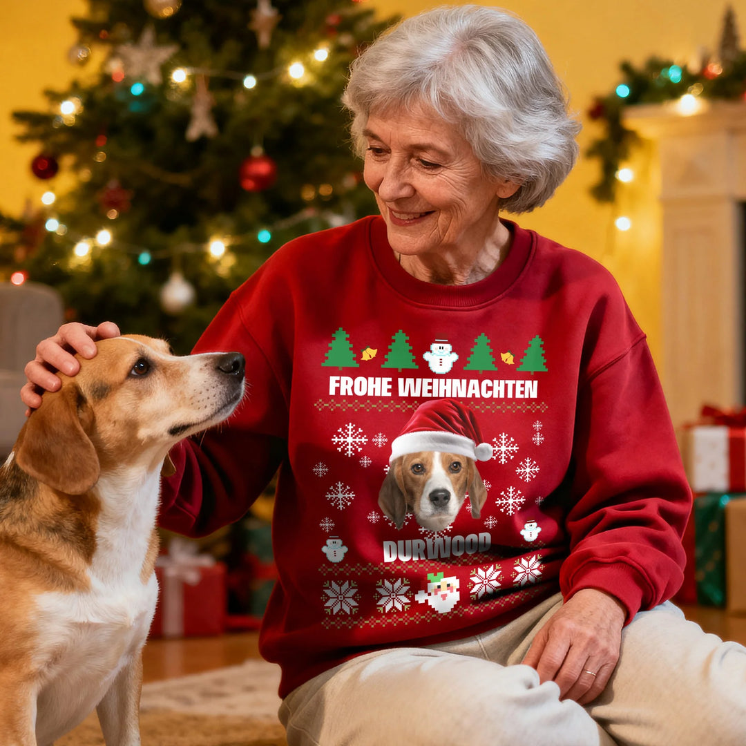 Sweat-shirt doux personnalisé avec chapeau de Père Noël multicolore et photos de visage d'animal de compagnie avec nom, cadeau de Noël