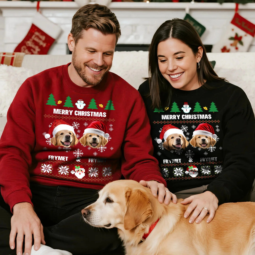 Sweat-shirt doux personnalisé avec chapeau de Père Noël multicolore et photos de visage d'animal de compagnie avec nom, cadeau de Noël