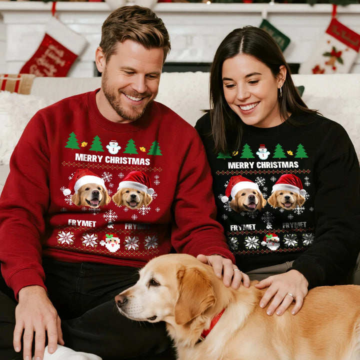 Sweat-shirt doux personnalisé avec chapeau de Père Noël multicolore et photos de visage d'animal de compagnie avec nom, cadeau de Noël