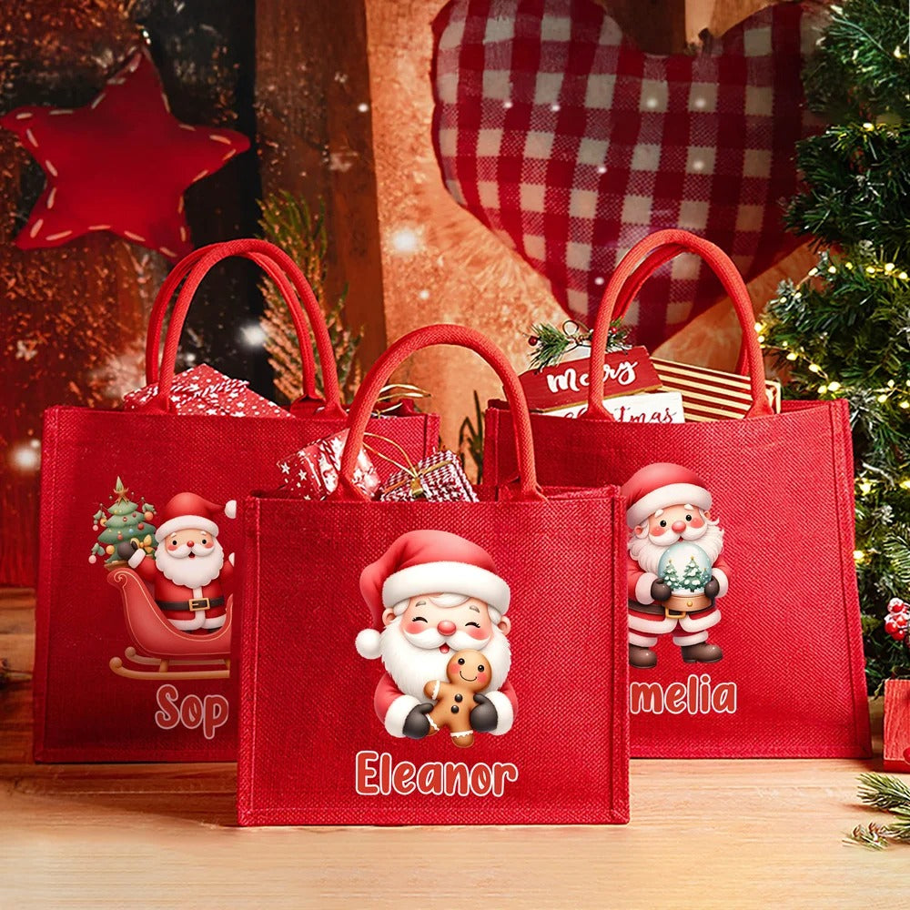 Grand sac fourre-tout en jute rouge personnalisé avec le nom du Père Noël