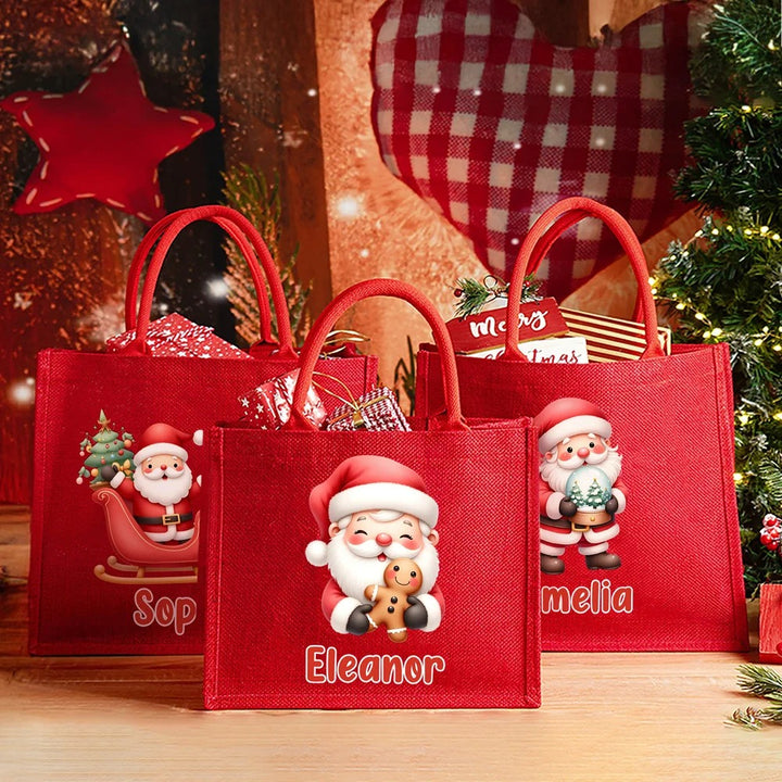 Grand sac fourre-tout en jute rouge personnalisé avec le nom du Père Noël
