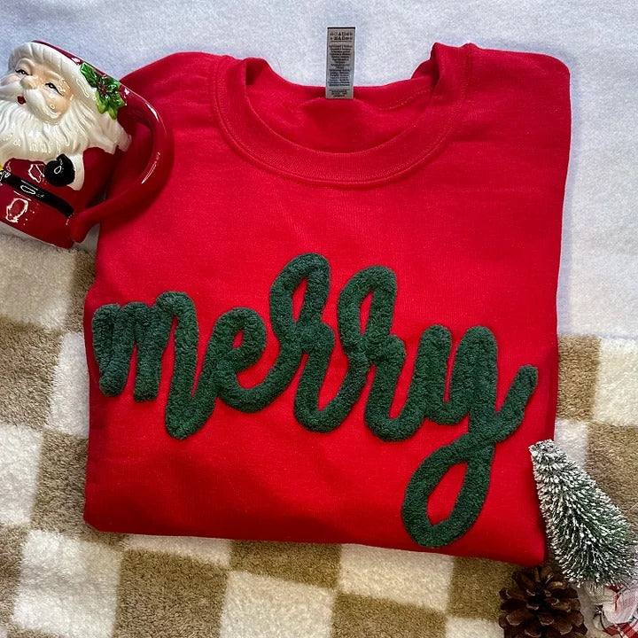 Sweat-shirt brodé en fil chenille personnalisé, cadeau de Noël