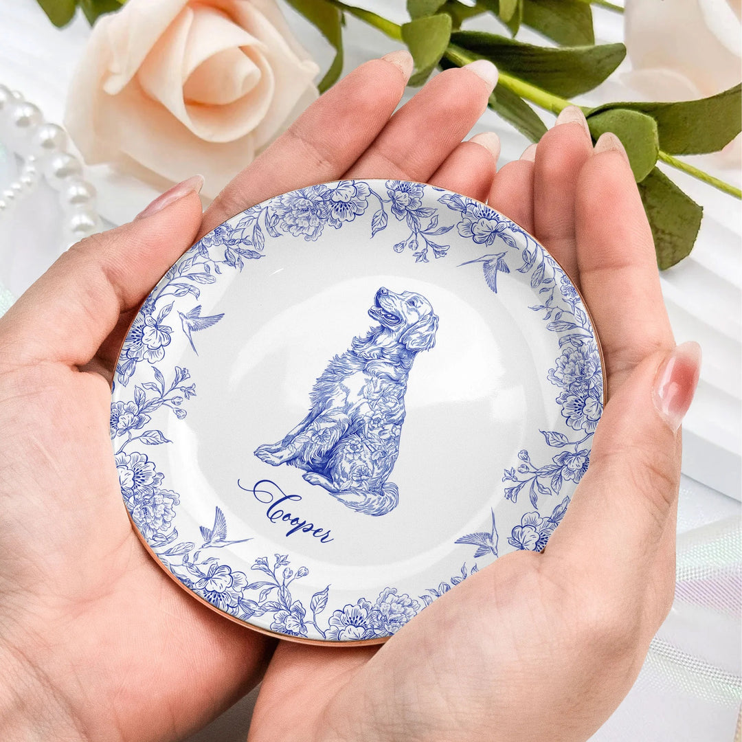 Cadeau pour amoureux des chiens, style chinoiserie toile de Jouy - Coupelle à bijoux personnalisée