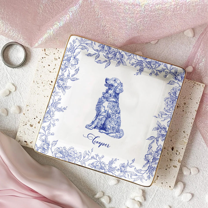 Cadeau pour amoureux des chiens, style chinoiserie toile de Jouy - Coupelle à bijoux personnalisée