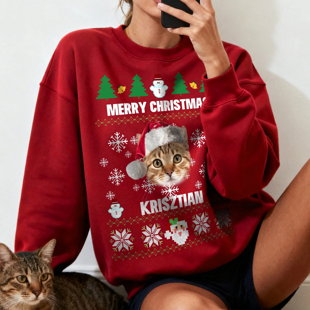 Sweat-shirt doux personnalisé avec chapeau de Père Noël multicolore et photos de visage d'animal de compagnie avec nom, cadeau de Noël