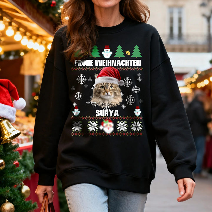 Sweat-shirt doux personnalisé avec chapeau de Père Noël multicolore et photos de visage d'animal de compagnie avec nom, cadeau de Noël