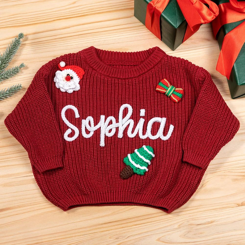 Pull de Noël personnalisé avec prénom et 1 à 3 décorations. Cadeau de Noël pour nouveau-nés et enfants.