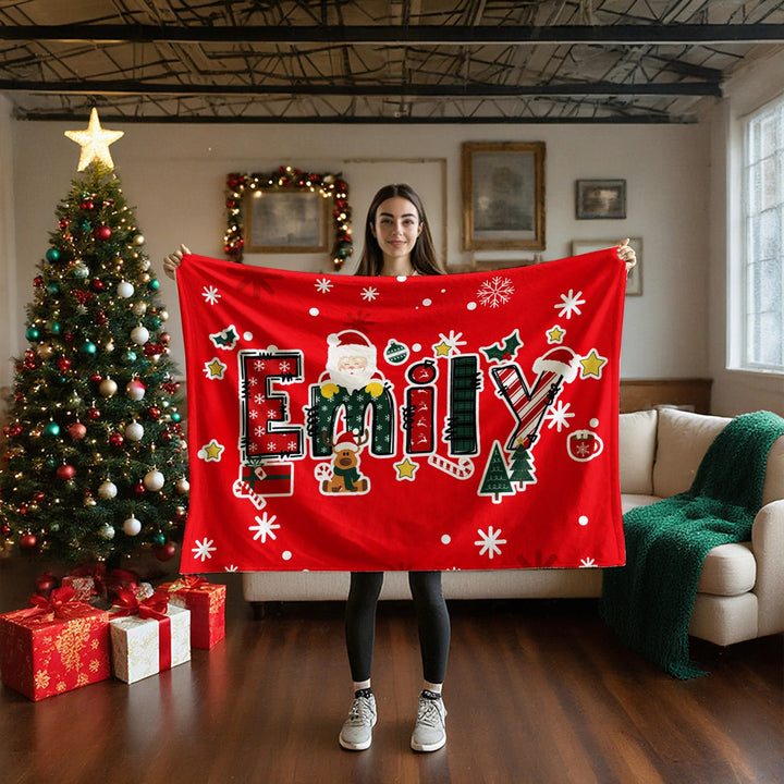 Couverture de Noël personnalisée avec nom de renne et Père Noël, douce et décorative, idéale pour les fêtes de fin d'année.