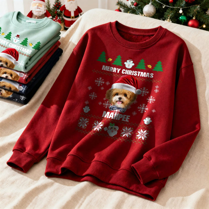 Sweat-shirt doux personnalisé avec chapeau de Père Noël multicolore et photos de visage d'animal de compagnie avec nom, cadeau de Noël