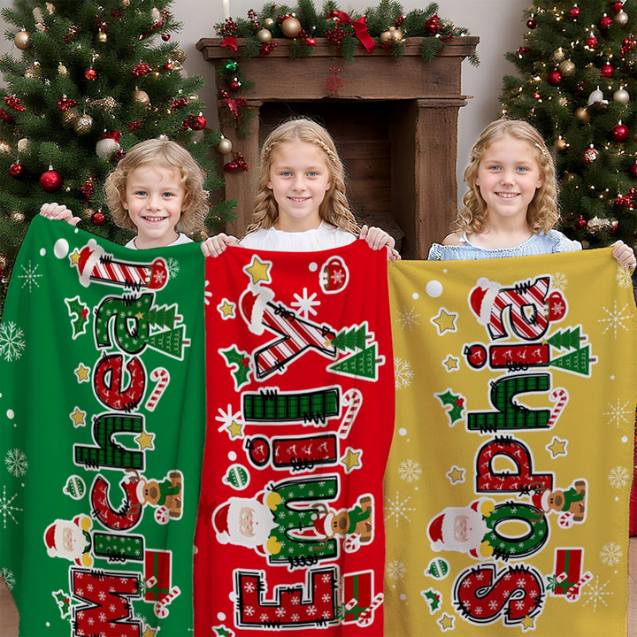Couverture de Noël personnalisée avec nom de renne et Père Noël, douce et décorative, idéale pour les fêtes de fin d'année.