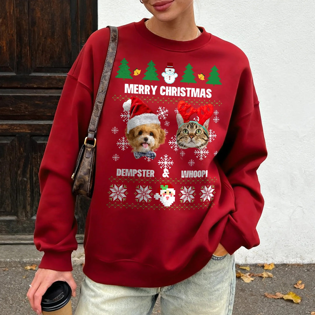 Sweat-shirt doux personnalisé avec chapeau de Père Noël multicolore et photos de visage d'animal de compagnie avec nom, cadeau de Noël