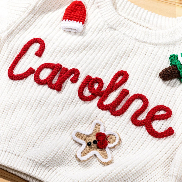 Pull de Noël personnalisé avec prénom et 1 à 3 décorations. Cadeau de Noël pour nouveau-nés et enfants.