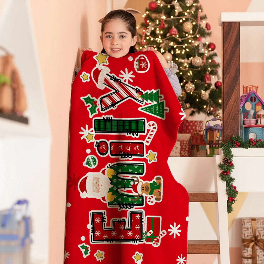Couverture de Noël personnalisée avec nom de renne et Père Noël, douce et décorative, idéale pour les fêtes de fin d'année.