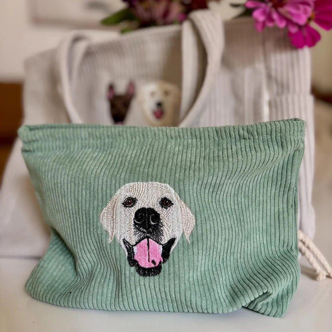 Trousse à maquillage brodée personnalisée avec portrait d'animal de compagnie
