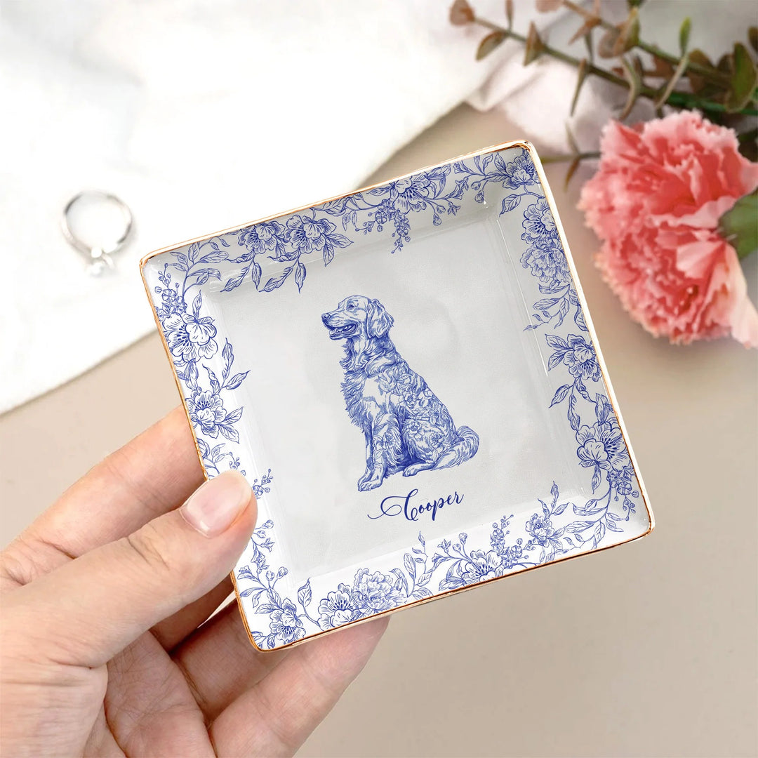 Cadeau pour amoureux des chiens, style chinoiserie toile de Jouy - Coupelle à bijoux personnalisée