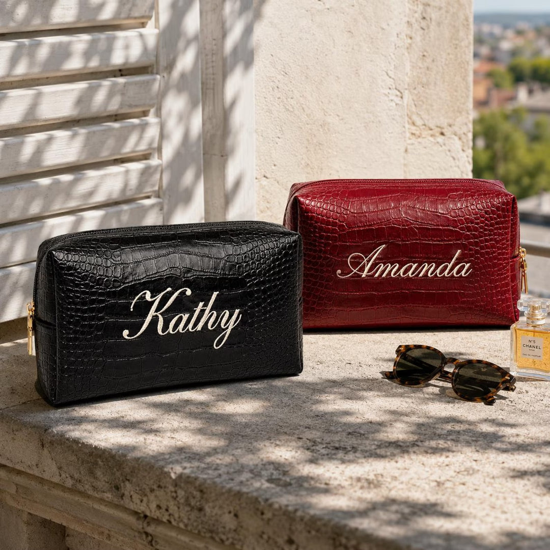 Trousse de toilette en cuir personnalisée avec nom brodé – Idée cadeau pour Noël et un anniversaire