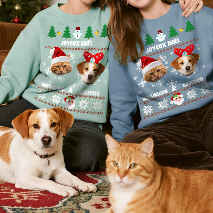Sweat-shirt doux personnalisé avec chapeau de Père Noël multicolore et photos de visage d'animal de compagnie avec nom, cadeau de Noël