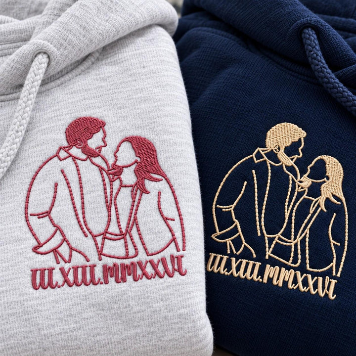 Sweat-shirt/T-shirt à chiffres romains avec contour brodé du portrait,un cadeau parfait pour les couples