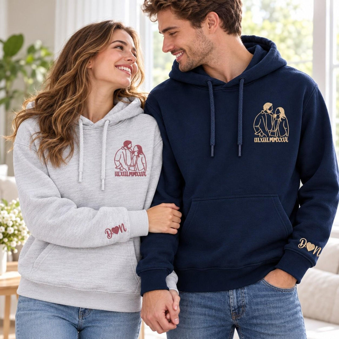 Sweat-shirt/T-shirt à chiffres romains avec contour brodé du portrait,un cadeau parfait pour les couples