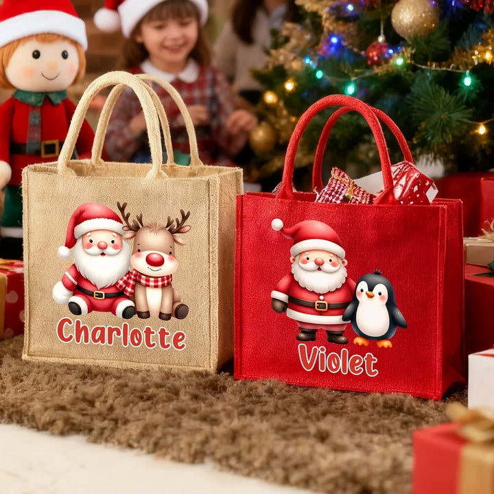 Grand sac fourre-tout en jute rouge personnalisé avec le nom du Père Noël