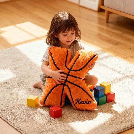 Coussin personnalisé en forme de lettre de basket-ball brodée en 3D avec nom personnalisé