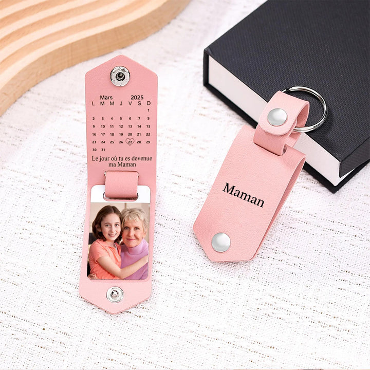 Porte-clés photo personnalisé en cuir avec date pour la famille