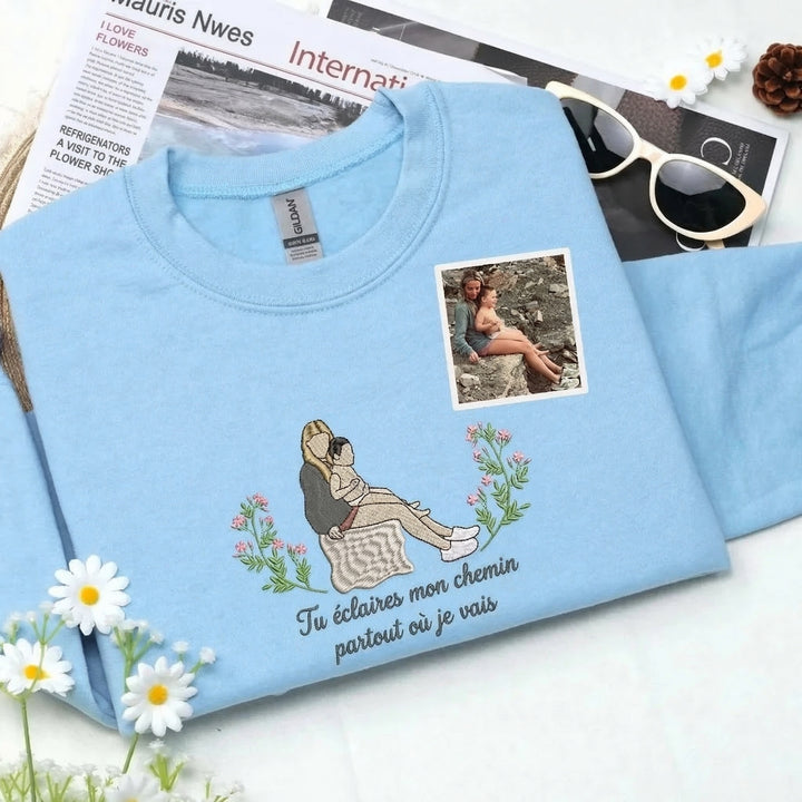 Sweat-shirt avec broderie portrait maman et enfants et options de couronne de fleurs