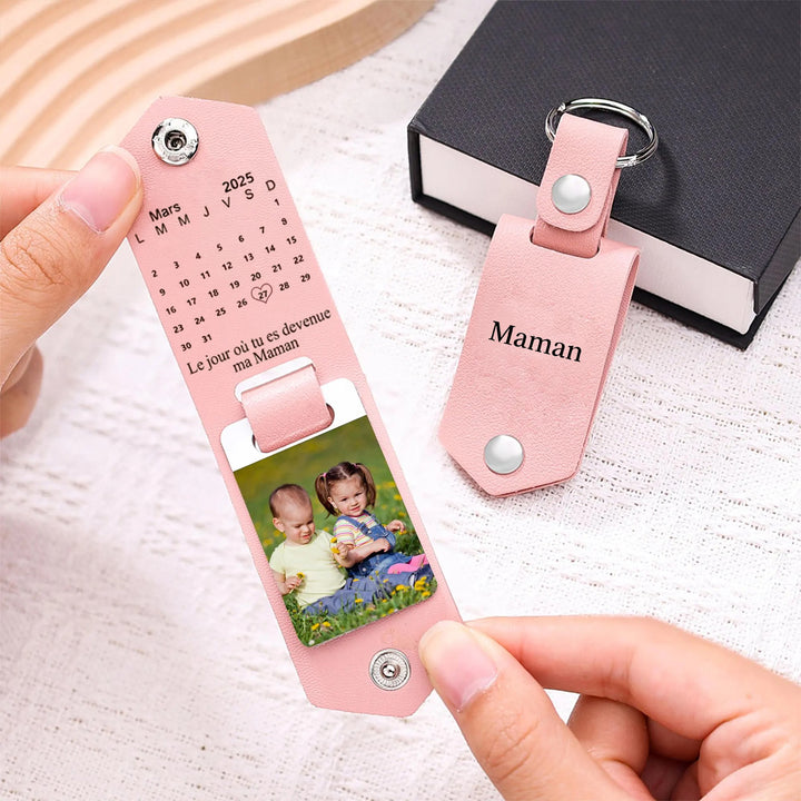 Porte-clés photo personnalisé en cuir avec date pour la famille