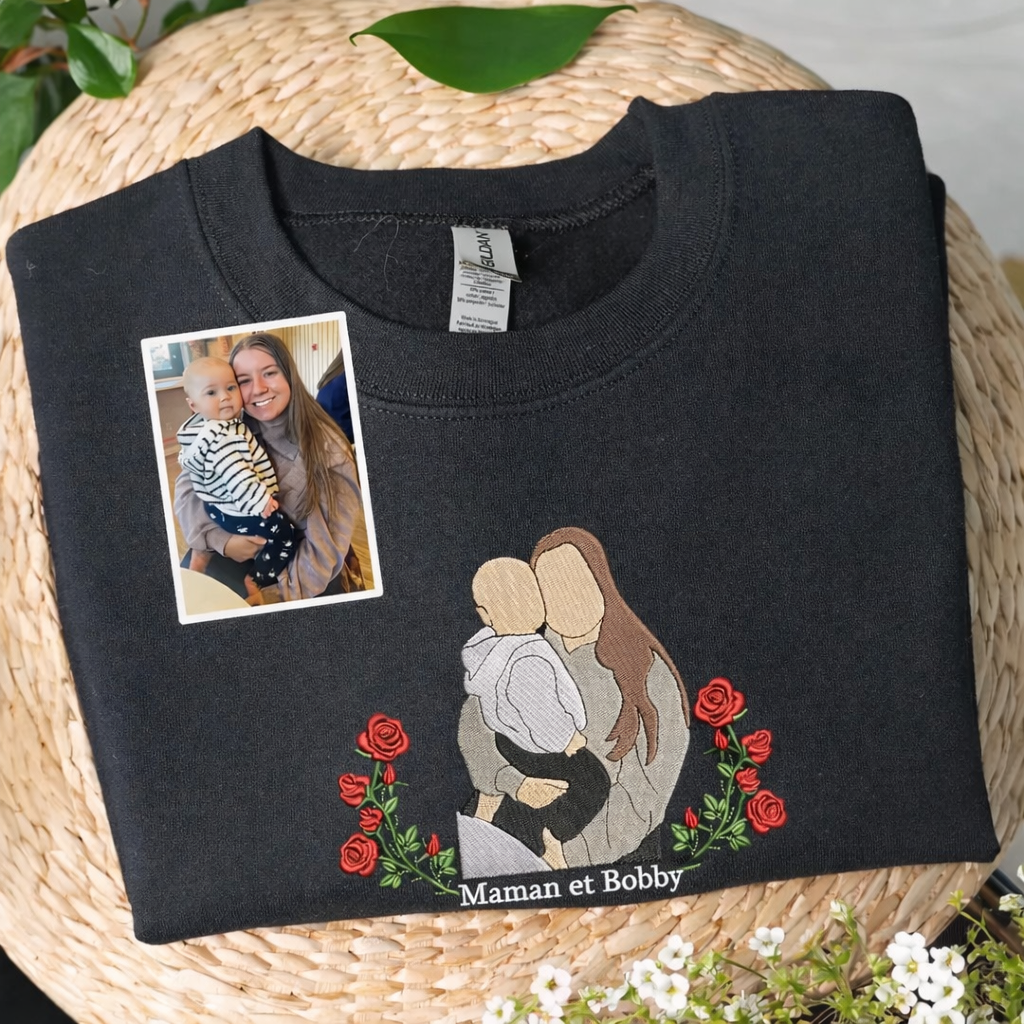 Sweat-shirt avec broderie portrait maman et enfants et options de couronne de fleurs