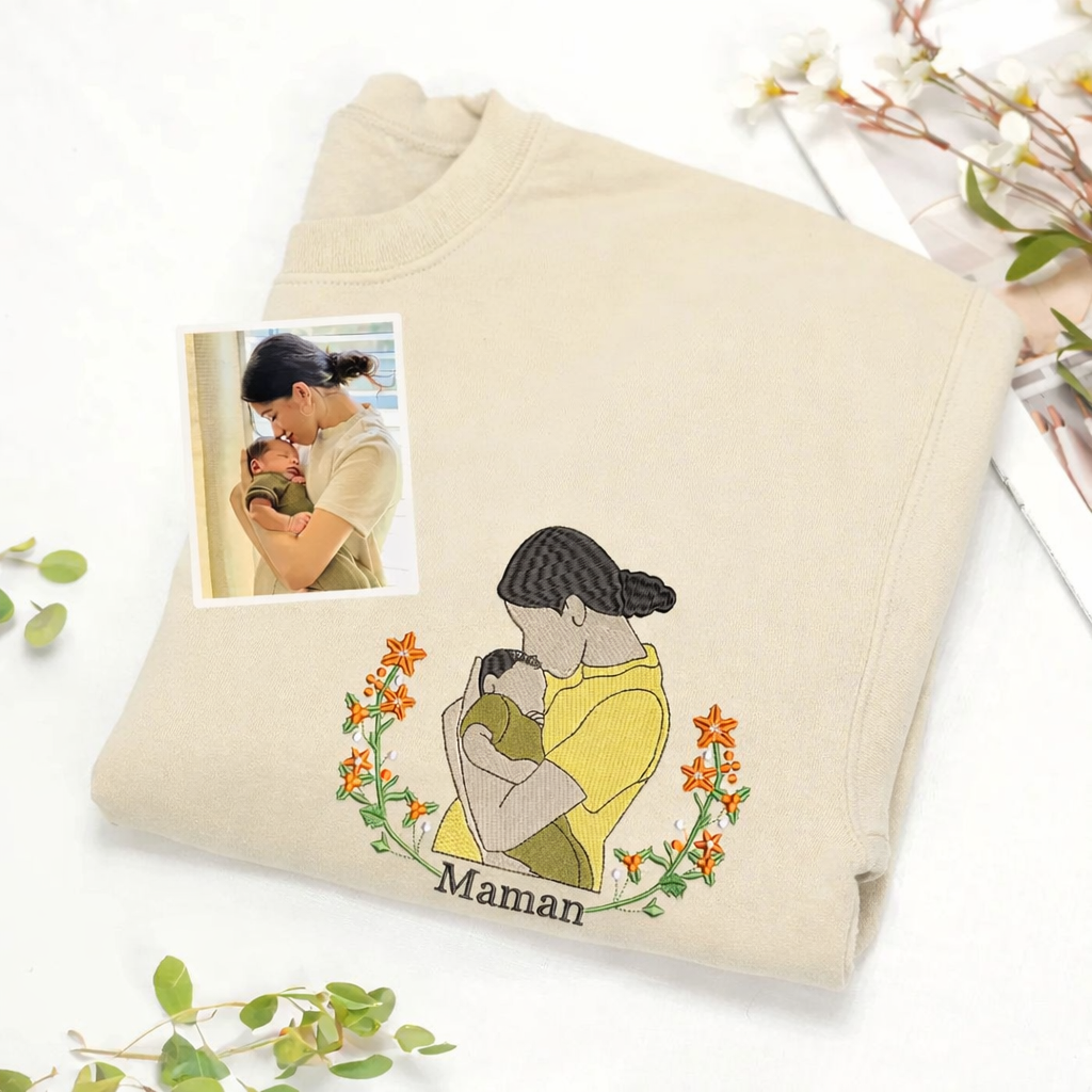 Sweat-shirt avec broderie portrait maman et enfants et options de couronne de fleurs