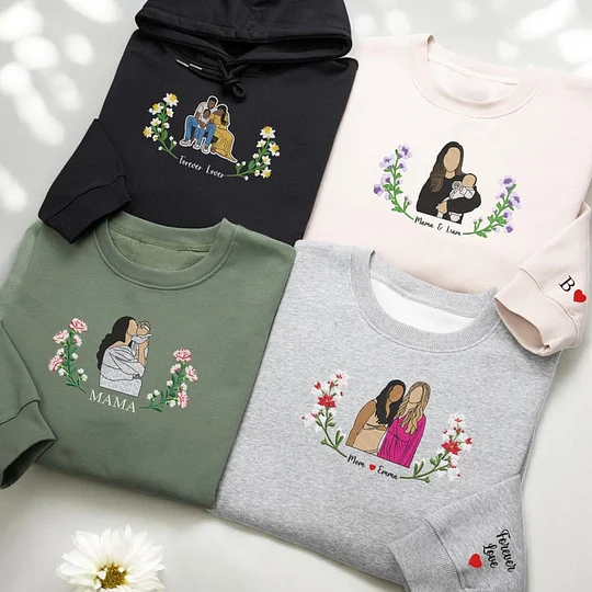 Sweat-shirt brodé personnalisé avec portrait de maman et fleurs de naissance