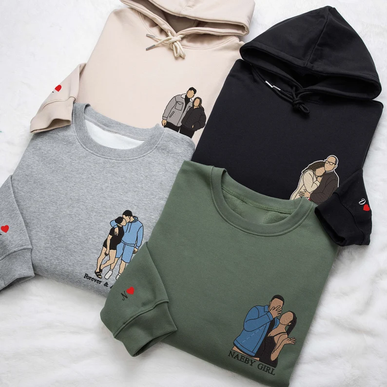 Pull brodé portrait personnalisé avec texte