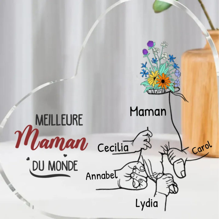 À ma Maman - Plaque Acrylique en Forme de Cœur 2-8Prénoms Personnalisés Décoration la main dans la main