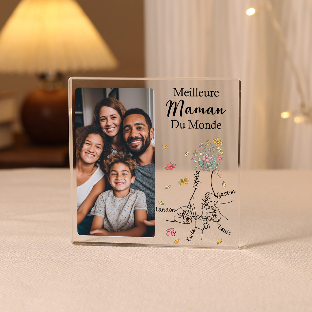 À ma Maman - Plaque Acrylique Carrée la Main dans la Main 2 Prénoms Personnalisés avec Photo