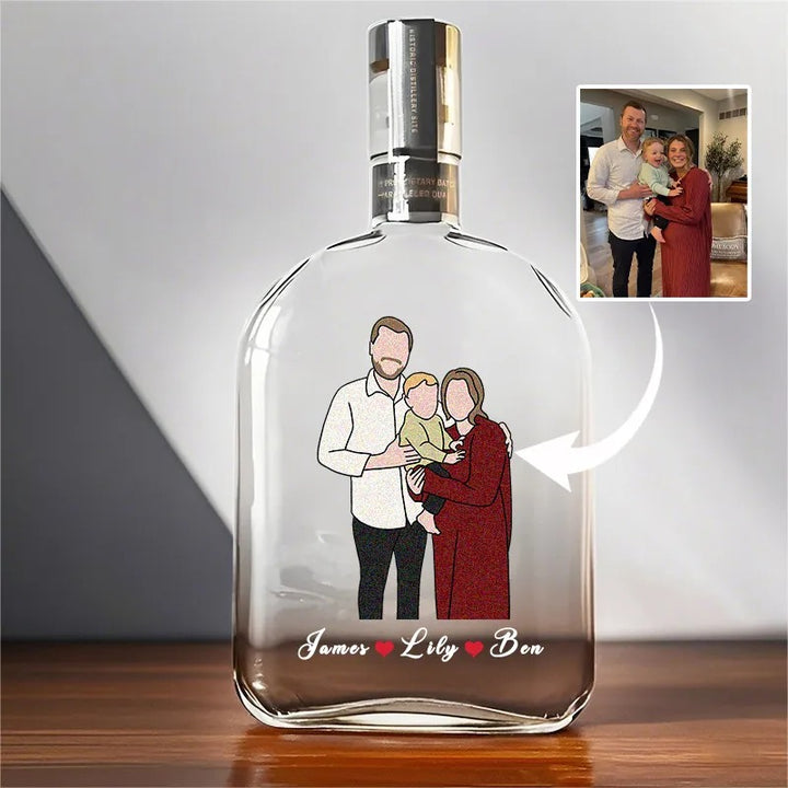 Bouteille de whisky personnalisée avec portrait de famille et prénoms, cadeau idéal pour la fête des pères