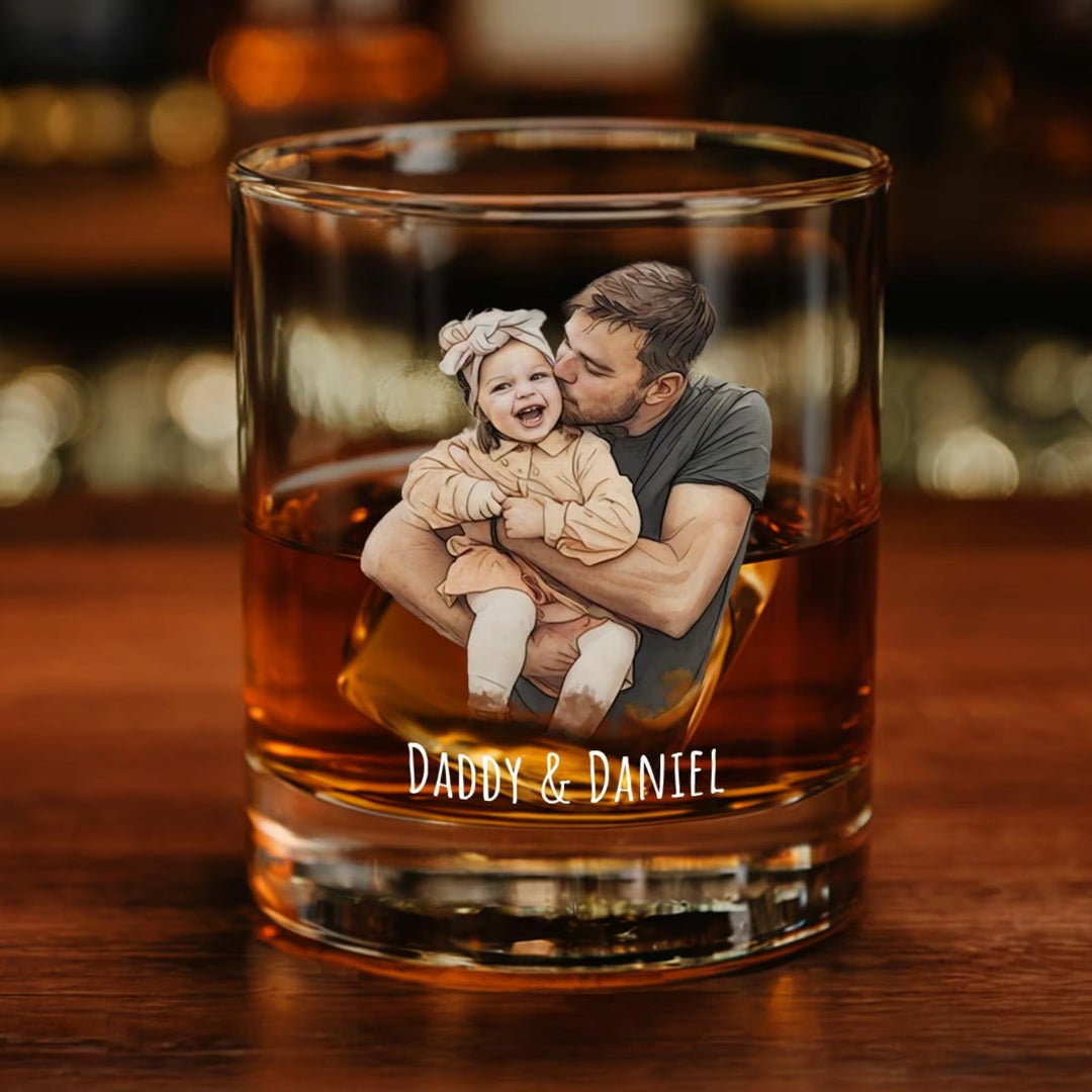 Portrait aquarelle personnalisé à partir d'une photo de papa et d'un verre à whisky