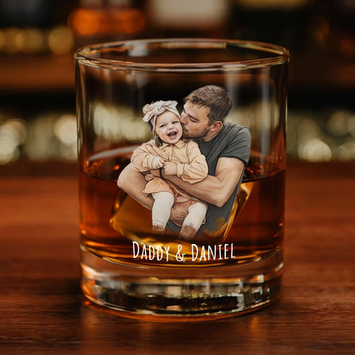 Portrait aquarelle personnalisé à partir d'une photo de papa et d'un verre à whisky