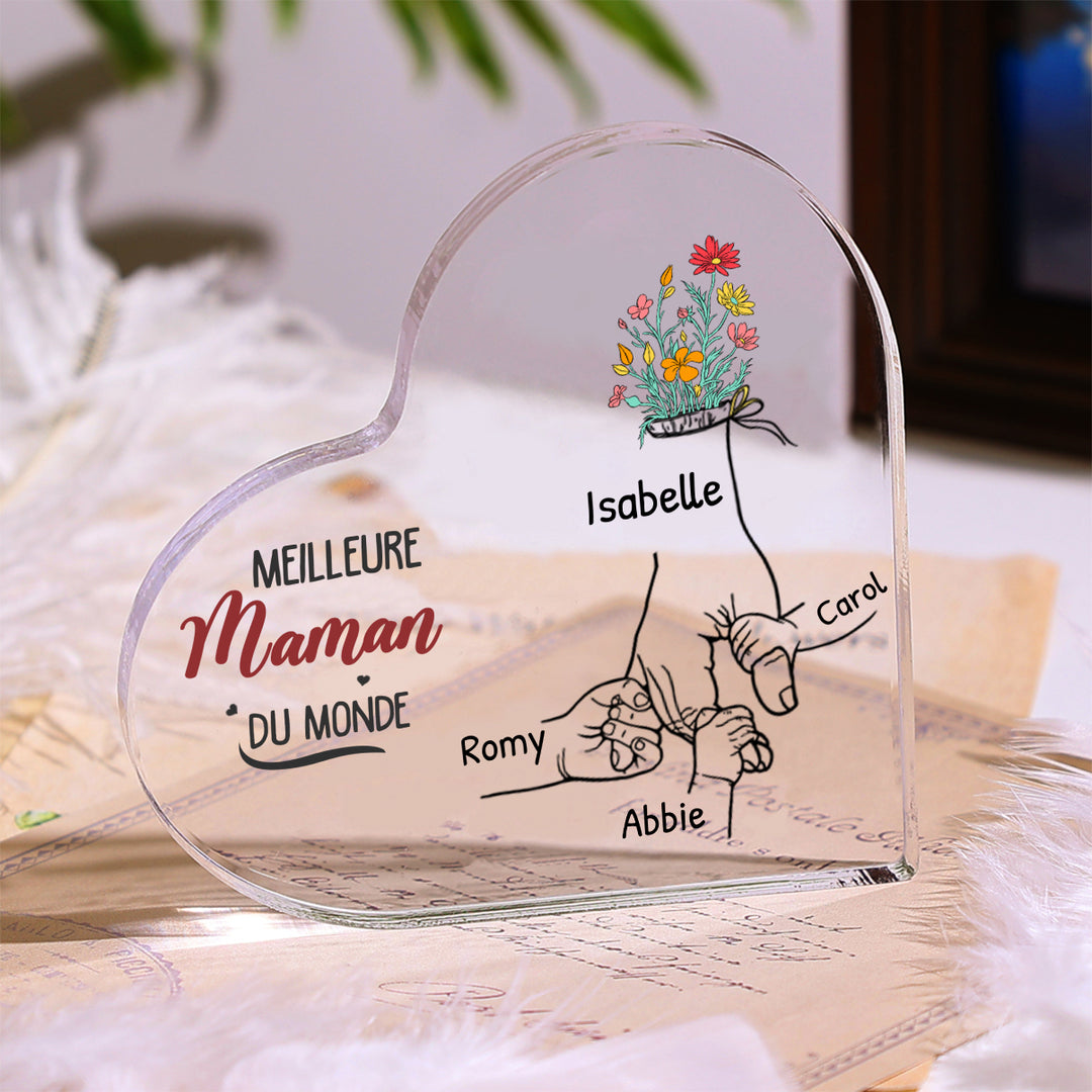 À ma Maman - Plaque Acrylique en Forme de Cœur 2-8Prénoms Personnalisés Décoration la main dans la main