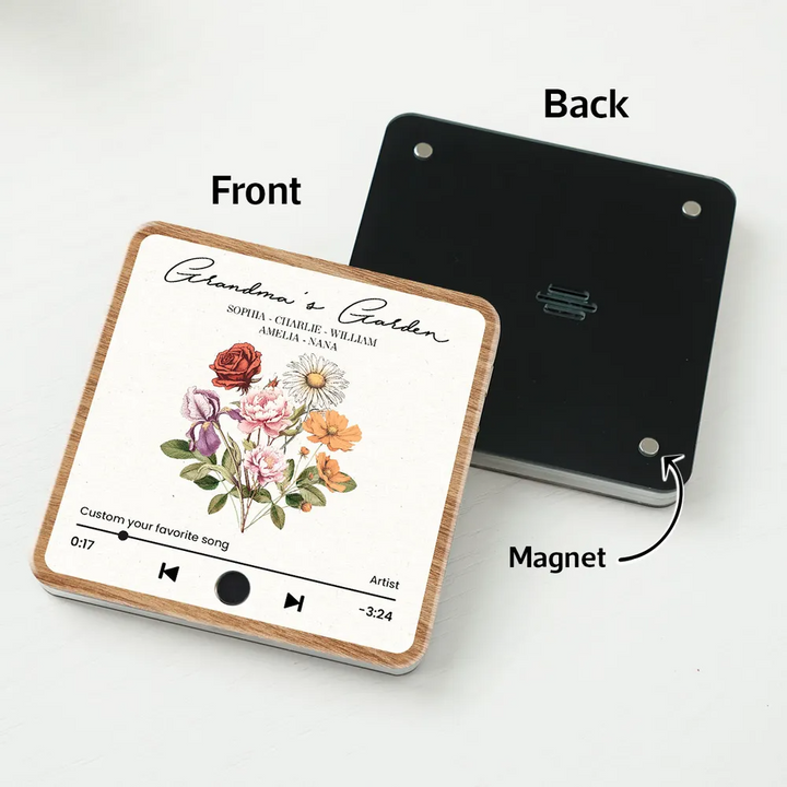 Bouquet de fleurs de naissance rétro du jardin de grand-mère, aimant de réfrigérateur musical personnalisé, cadeau pour grand-mère, maman