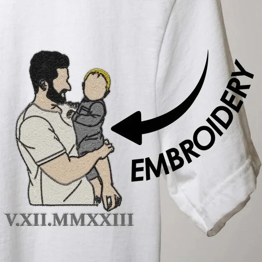 T-shirt brodé personnalisé avec portrait de maman/papa/famille et chiffres romains