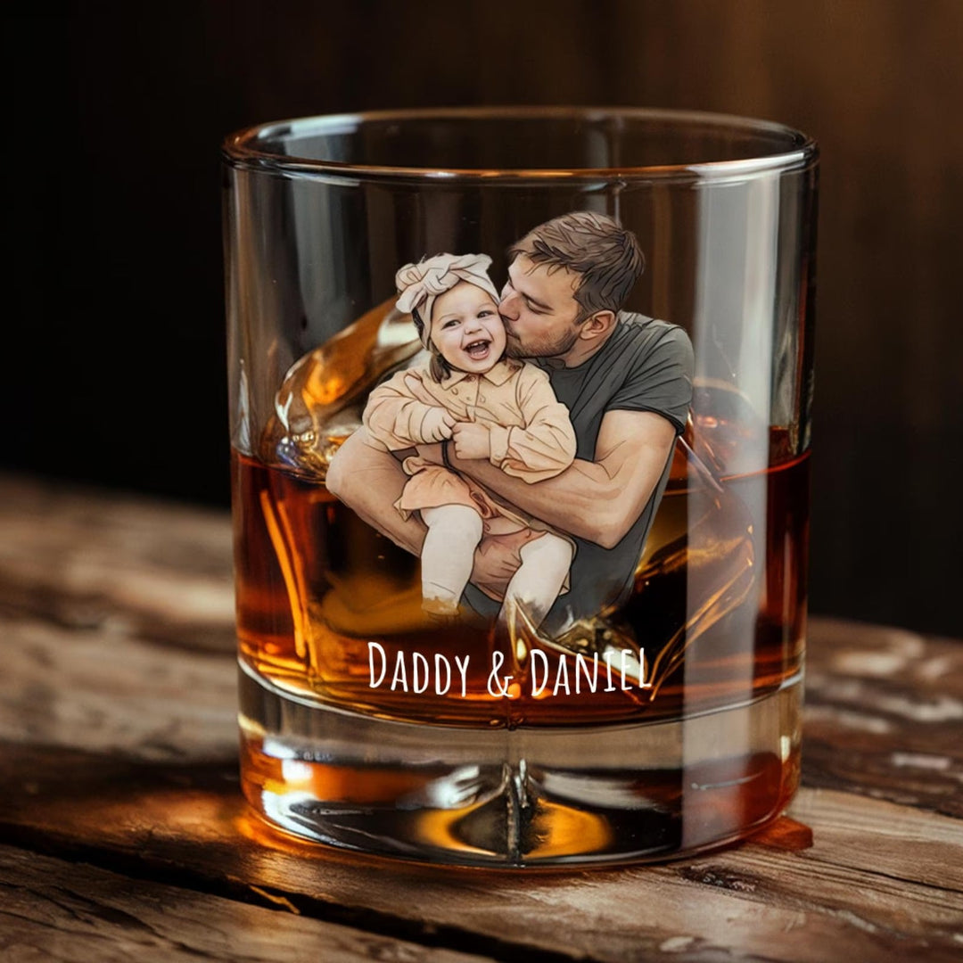 Portrait aquarelle personnalisé à partir d'une photo de papa et d'un verre à whisky