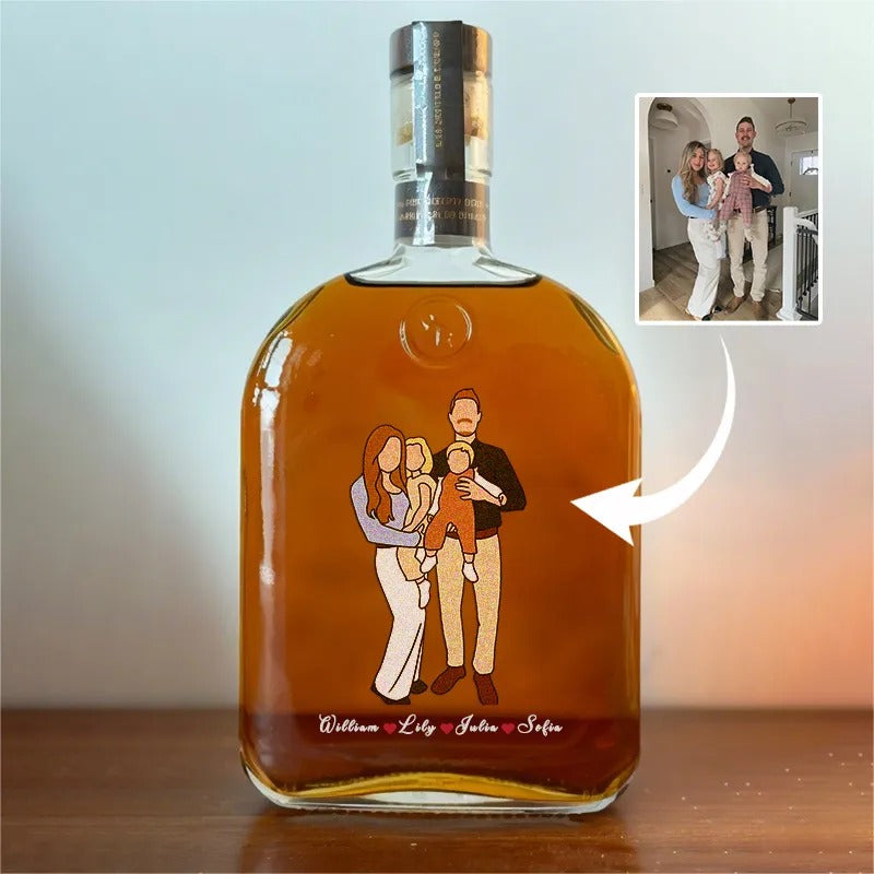 Bouteille de whisky personnalisée avec portrait de famille et prénoms, cadeau idéal pour la fête des pères