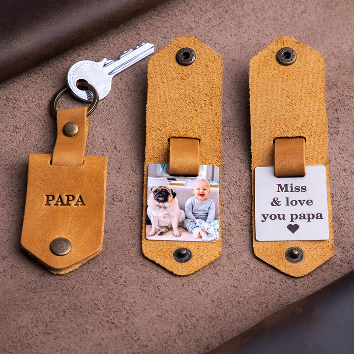 Porte-clés photo en cuir, porte-clés papa avec photo