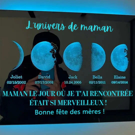 Miroir lumineux LED personnalisé avec texte et date - L'univers de maman/papa