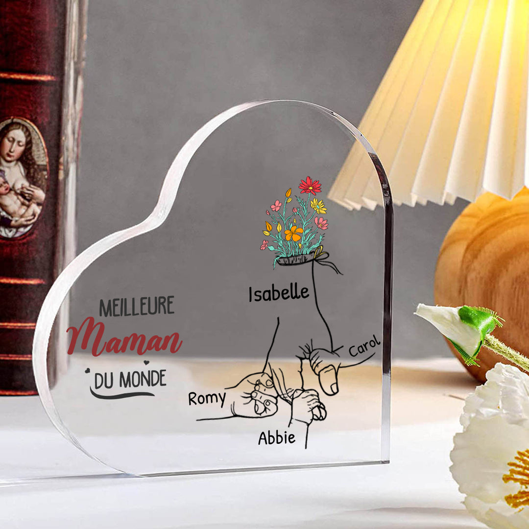 À ma Maman - Plaque Acrylique en Forme de Cœur 2-8Prénoms Personnalisés Décoration la main dans la main